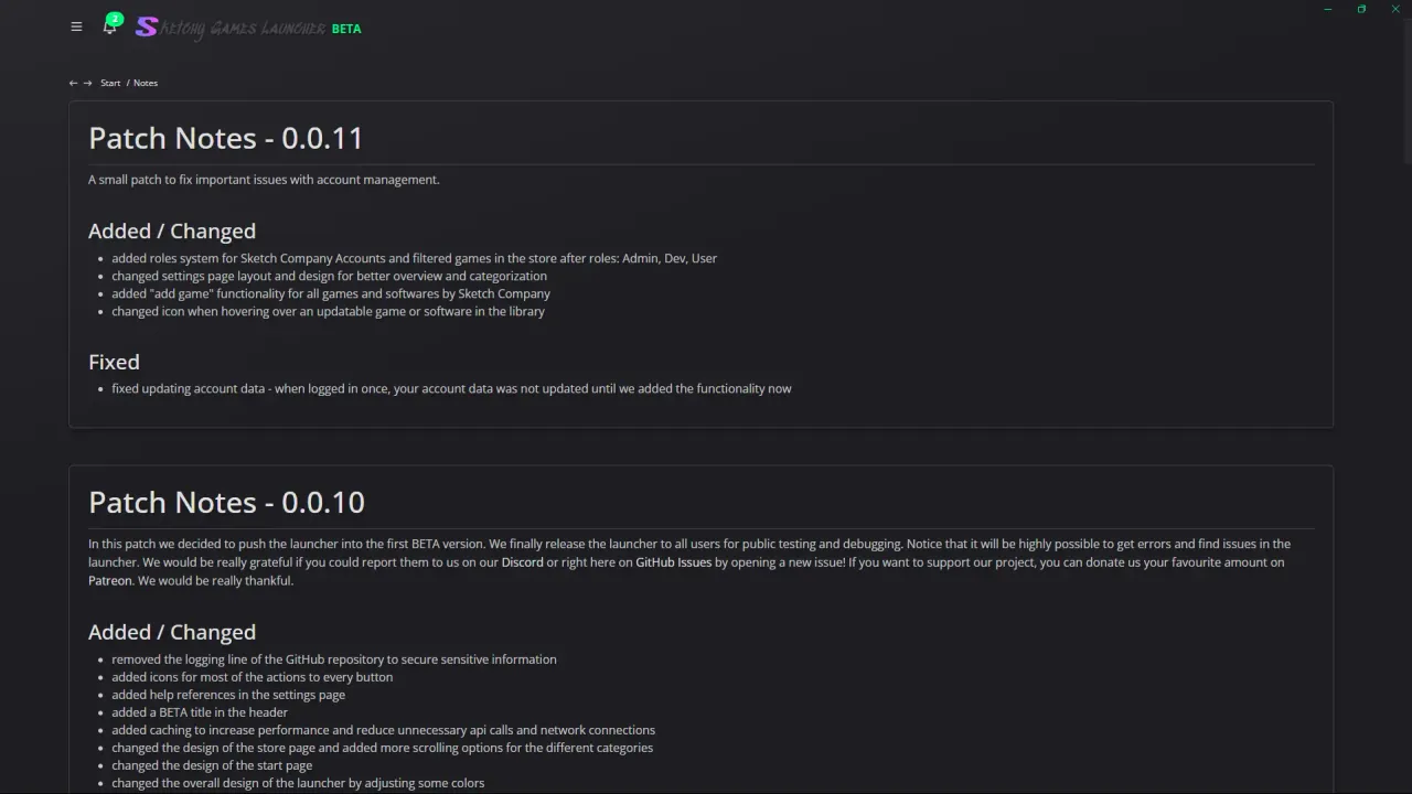 Sketchy Games Launcher - Patch Notes Screen