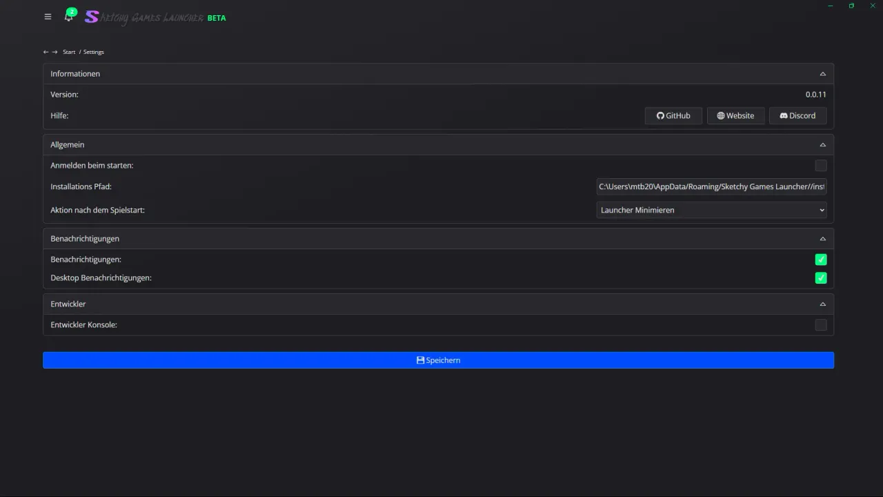 Sketchy Games Launcher - Settings Screen